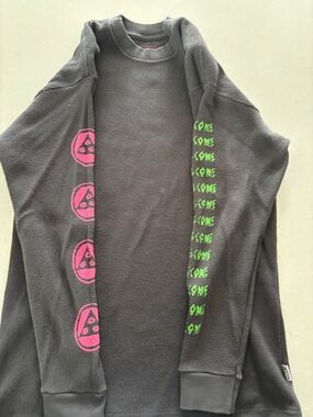 Long Sleeve Waffle Knit Tee - Charcoal with Pink & Neon Green Accents